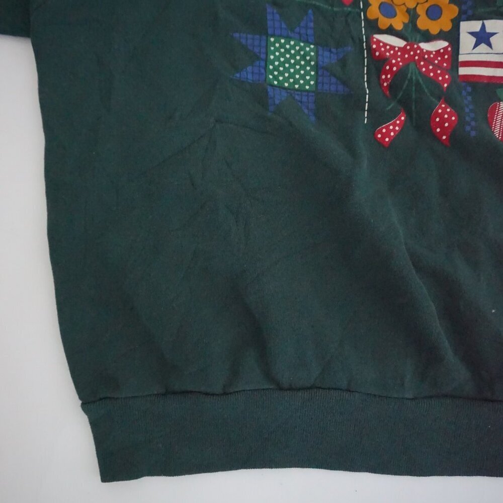 Vintage Gopher Sport Green Patchwork Quilt Square Heart Floral Folk Sweater 2X - Picture 5 of 10